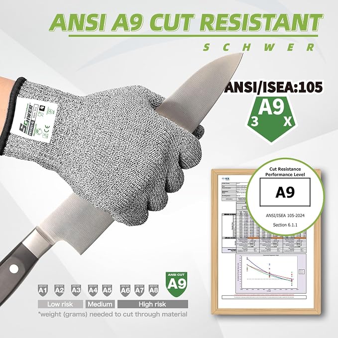 Schwer SlicePro ANSI A9 Cut Resistant Gloves, Food Grade Cutting Gloves for Kitchen Food Prep, Mandoline Gloves for Meat Cutting, Oyster Shucking, Fish Fillet Processing, PR1501-G, XL