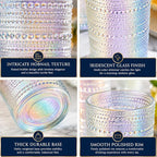 Hobnail Beaded Highball Drinking Tumbler Glasses | Set of 6 | Iridescent Pearl Vintage Bubble Design Glassware, Old-Fashioned, Embossed Design, Water, Wine, Cocktail Embossed Heavy Glass, Rocks Glass