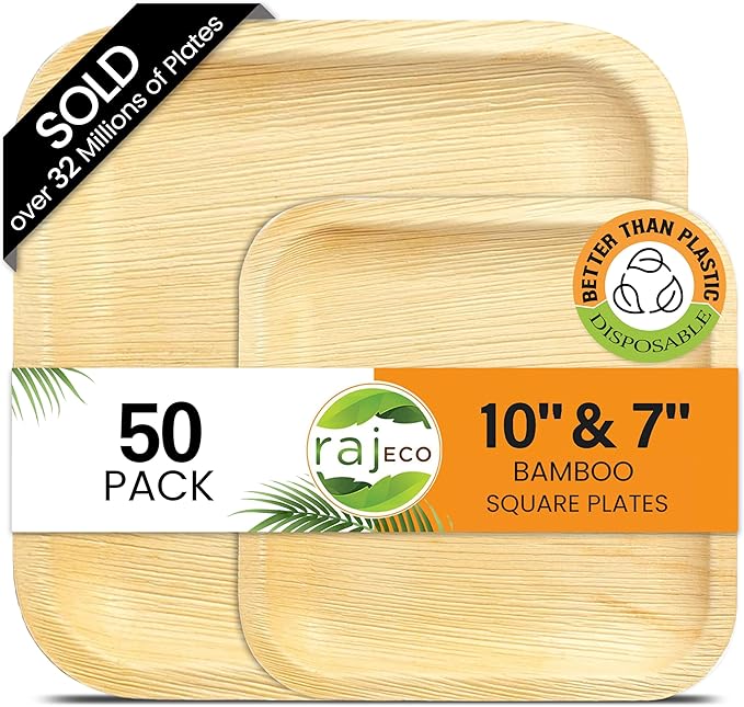 Raj Palm Leaf Plates Disposable Bamboo Plates 10 Inch & 7 Inch Square Bulk Party Pack (50 Pc) Compostable and Biodegradable - Better than Plastic & Paper Plate for Lunch, Birthday, Camping