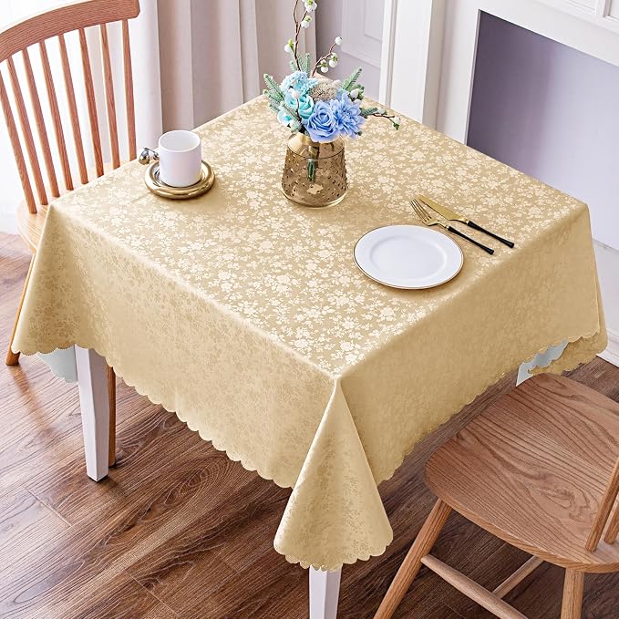 Smiry Square Waterproof Heavy Duty Vinyl Tablecloths, 54 x 54 Inch | Wipeable Washable Floral Embossed Table Cover for Kitchen and Dining Room, Indoor & Outdoor Use, Champagne