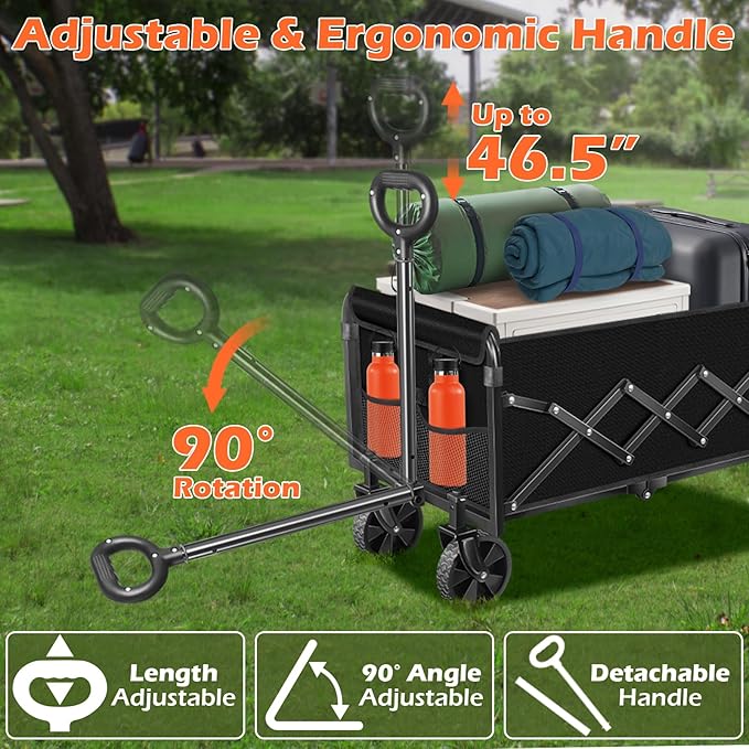 Wagons Carts Foldable, Collapsible Wagon, Foldable Wagon Cart with Wheels, Folding Wagons for Beach Camp Sports Garden, 2 Cup Holders/Lightweight Portable/Black/360 LBS