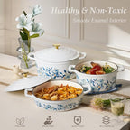 CAROTE 7QT Enameled Cast Iron Dutch Oven Pot with Lid, White & Blue | Sourdough Bread Baking with Cotton Potholders & Oven Gloves, Gift Box, Cookware for Braising, Oven Safe up to 500° F