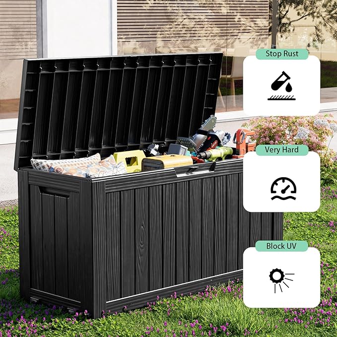 ROJIK Outdoor Storage Housing Deck Box - Waterproof Patio Furniture, Garden Tools, Cushions, Pool Accessories Storage Bench with Lockable Lid and Side Handles (Black 88 Gal)
