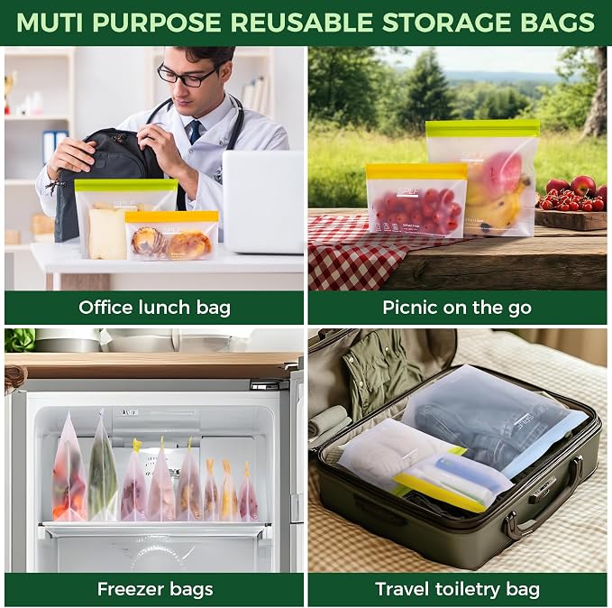 SPLF 10 Pack Stand-Up Reusable Snack Bags Dishwasher Safe | BPA Free Food Storage Bags, Extra Thick Leakproof Freezer Bags Silicone Snack Pouch For Candy, Fruits, Cereal, Travel Item