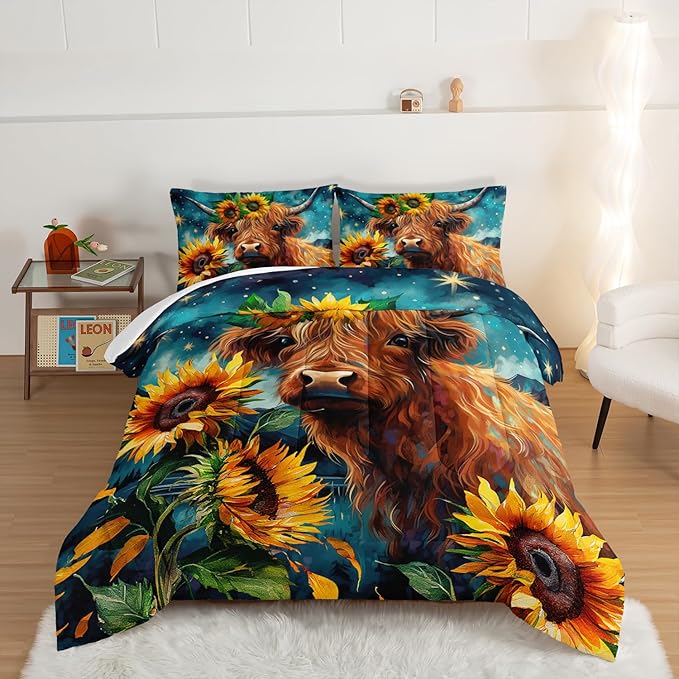 HOSIMA Highland Cow Comforter Set,Western Farmhouse Animals Cow and Sunflower Print Bedding Set 3Pcs with 2 Pillowcases,Galaxy Star Moon Queen Comforter Set,Floral Wild Animal Room Decor.