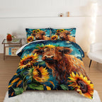 HOSIMA Highland Cow Comforter Set,Western Farmhouse Animals Cow and Sunflower Print Bedding Set 3Pcs with 2 Pillowcases,Galaxy Star Moon Queen Comforter Set,Floral Wild Animal Room Decor.