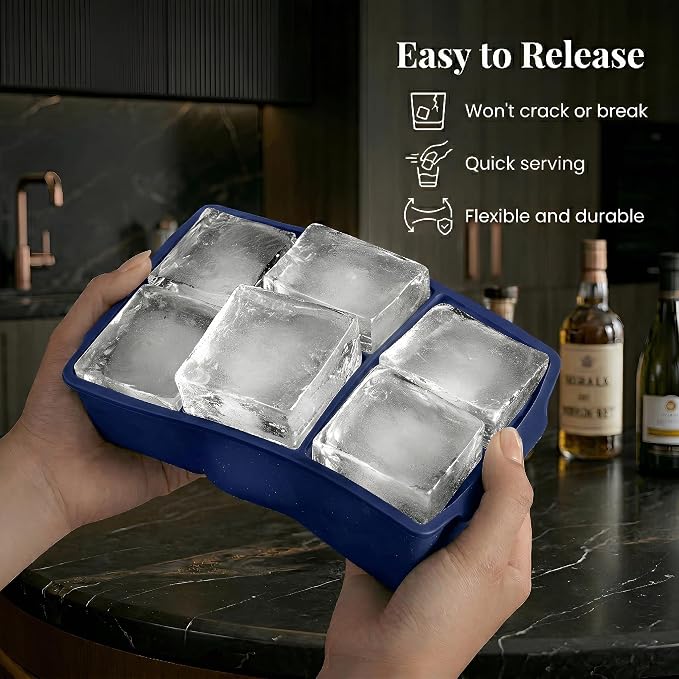 KitchFort® Large Silicone Ice Cube Tray (3-Pack), Easy Release 2" Big Ice Cubes - Cocktail, Whiskey Ice Cubes Mold - Ice Trays for Freezer with Lid - Stackable Silicone Ice Tray - Navy Blue