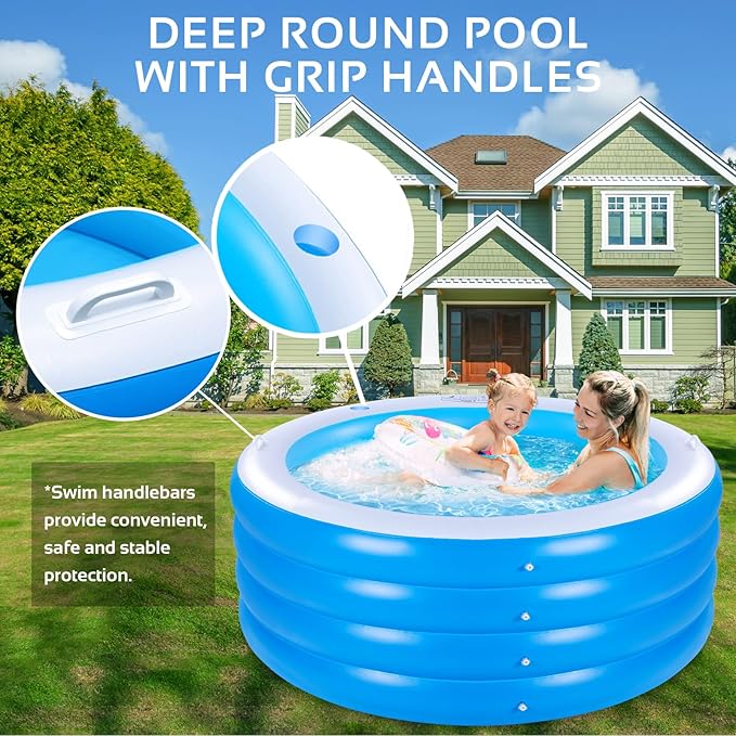 Inflatable Pool with Seating,Four-Tier 72” x 27”Inflatable Swimming Pool with Drink Holder Handles, Summer Family Water Park,Backyard Family Pool, Garden (Blue)