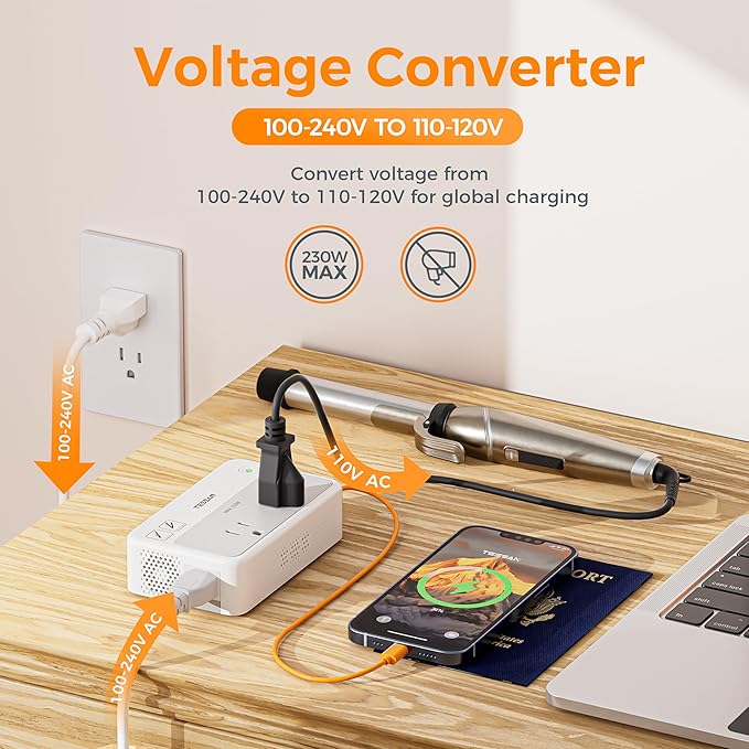 TESSAN 220V to 110V Voltage Converter, Universal Travel Power Adapter Combo with International Plug (Type C/G/D/I/L), 2AC 4 USB Ports(1 USBC)，230W Max Step Down Transformer for US to Europe