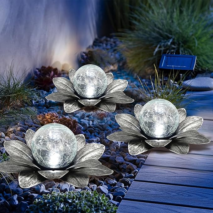 LEWIS&WAYNE Solar Garden Lights Outdoor, 3 Pcs Silver Gray Lotus Flower Pathway Lamps with Cool White Crackle Glass Globe Led Lights for Patio Pathway Yard Balcony Garden Decorations