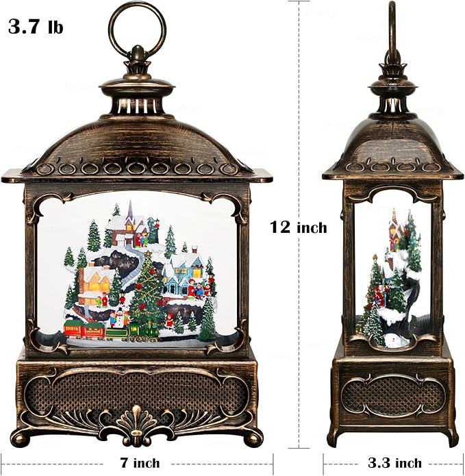 Christmas Snow Globe Lantern Christmas Decorations Gifts Snowy Village Scene Snowman Church Cabin Train Musical Glitter Snowfall USB/Battery Timer 12 inch