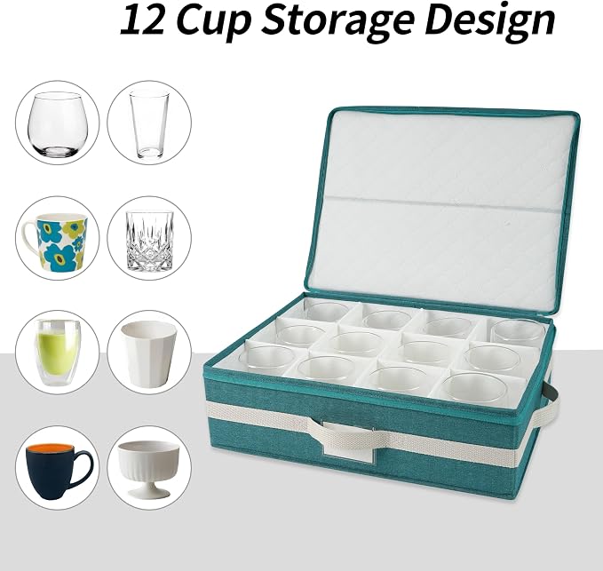Mug Storage Box with Divider, Tea Cup and Coffee Mug Storage Container with Zipper Cover and Reinforced Handle, Hard Shell, Stackable, Foldable, 17.32 x 13.39 x 5.51 Inches (Green White, 2 Sets)