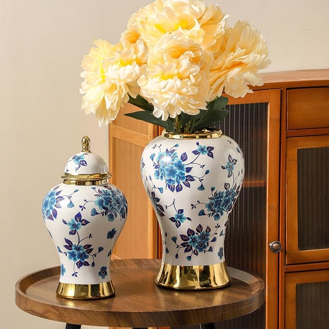 Ginger Jars for Home Decor, White and Gold Vase, Porcelain Ginger Jar Chinoiserie Blue and White Vase with Gold Trim and Floral Pattern, Ceramic Flower Vase for Home, Temple and Storage Jars(12in)