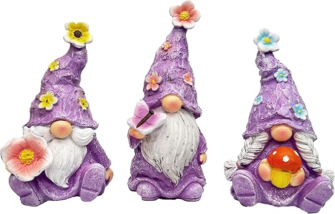 Gnome Decoration Figurine Outdoor Statue Resin 3pcs Flowers Spring Gnomes, Home Decoration Ornaments for Desktop Bookshelves Courtyard Garden Gift (Purple)