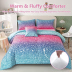 PERFEMET Girls Comforter Set Queen Size, 6 Piece Bed in A Bag, Colorful Rainbow Bedding Set with Comforter and Sheet, Gradient Pink Glitter Galaxy Bed Set for Teen Girls Kids Women, Blue Turquoise