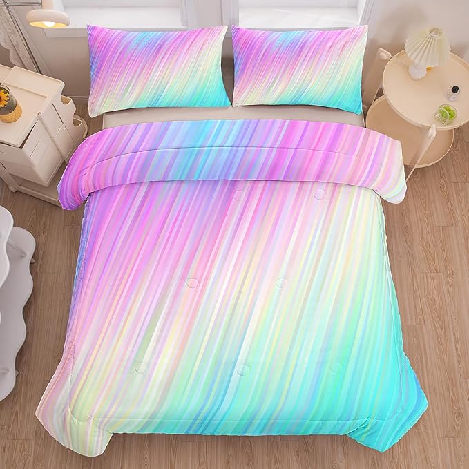 Bodhi pink full comforter set,comforter set for girls,tie dye bedding set for kids,kids girls bedding sets,full comforter sets for girls,3PCS rainbow bedding set with pillowcase