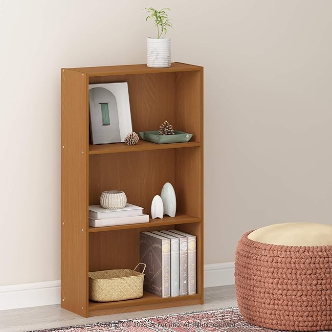 FURINNO Basic 3-Tier Bookcase/Bookshelf/Storage Shelves, Natural Oak