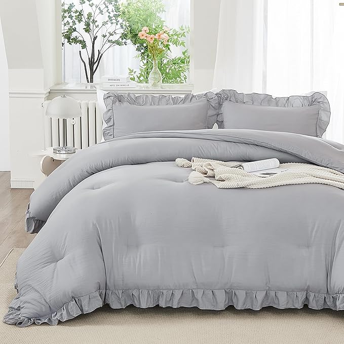Andency Silver Gray Comforter Set King, 3 Pieces Farmhouse Shabby Chic Ruffle Comforter, Lightweight Fluffy Soft Microfiber All Season Solid Bed Comforter Set (1 Ruffle Comforter & 2 Pillowcases)