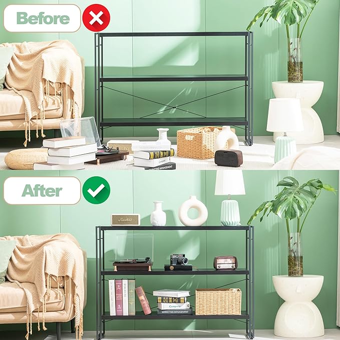 HCHQHS Bookshelf, 3-Tier Industrial Bookcase, Black Open Book Shelf, Freestanding Horizontal Bookshelves with Metal Frame