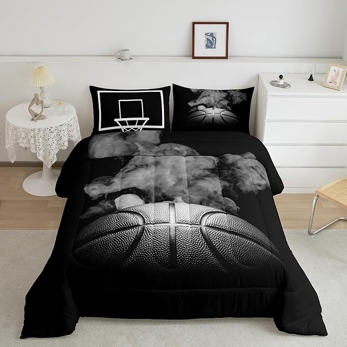 Sports Basketball Full Size Comforter Sets For Boys Teen Kids Basketball Quilt Bedding Set Grey Hippie Smoke Comforter Reversible Black Duvet Insert,1 Comforter + 2 Pillow Case Basketball Room Decor
