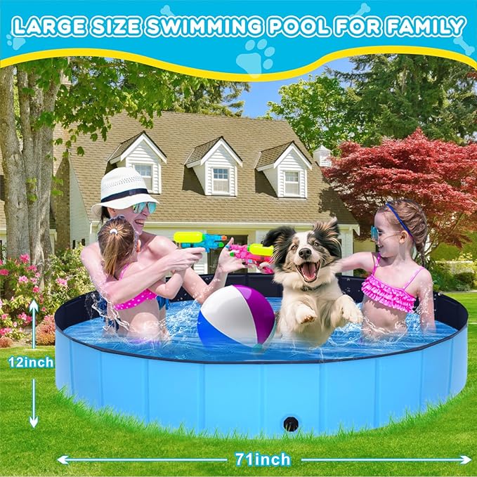 Foldable Dog Pool - 71" x 12" Anti-Slip Portable Dog Swimming Pool, Hard Plastic Collapsible Kiddie Pool for Outdoor and Indoor for Pets Dogs Cats and Kids