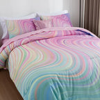 Btargot Super Soft 6 Pieces Gradient Wavy Line Comforter Set, Colorful Glitter Rainbow Star Pattern Bedding Set for Boys Girls Teens, Full Pink Green