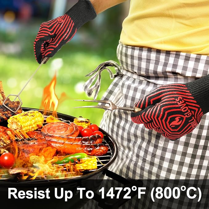 QUWIN BBQ Gloves, BBQ Accessories 1472℉ Extreme Heat Resistant, Grilling Gloves Silicone Non-Slip Oven Mitts, Kitchen Gloves for BBQ, Grilling, Cooking, Baking-1 Pair 11inch, Red