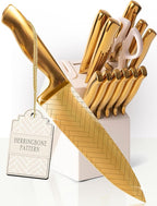 Styled Settings Gold Knife Set with Block and Sharpener, 14-Piece | Stainless Steel, Titanium Gold Knives with Pattern and Knife Block with Built-in Sharpener, Durable, Gold Kitchen Accessories