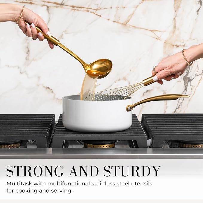 Styled Settings White and Gold Kitchen Utensils Set with Holder, 15-Piece | Nonstick BPA-Free Silicone Cooking Utensils with Measuring Cups and Spoons - Luxury Kitchen Accessories for Stylish Cooking