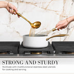 Styled Settings White and Gold Kitchen Utensils Set with Holder, 15-Piece | Nonstick BPA-Free Silicone Cooking Utensils with Measuring Cups and Spoons - Luxury Kitchen Accessories for Stylish Cooking