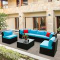 5 Pieces Outdoor Furniture PE Rattan Patio Sectional U Shaped Conversation Sofa Set with Table and 2 Pillows for Garden, Yark, Lawn, Backyard, Onesize, Black Wicker+Blue Cushion