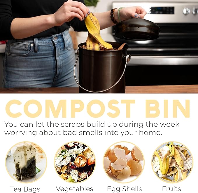 EPICA Countertop Compost Bin Kitchen | 1.3 Gallon | Odorless Composting Bin with Carbon Filters | Indoor Compost Bin with Lid | Stainless Steel Kitchen Composter for Food Scraps & Waste Recycling