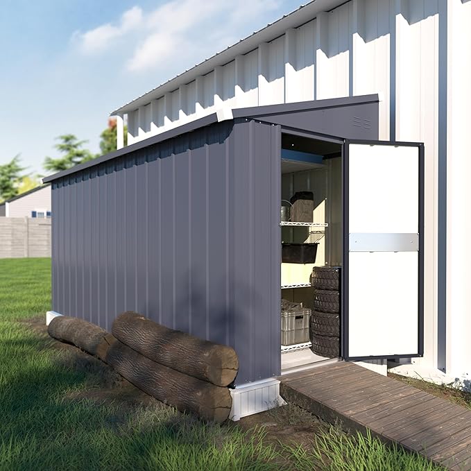 MUPATER 4×10 FT Storage Shed for Outdoor,Lean-to Shed Kit with Thickened Galvanized Steel, Metal Tools Shed with Lockable Door and Air Vents for Patio Garden, Grey