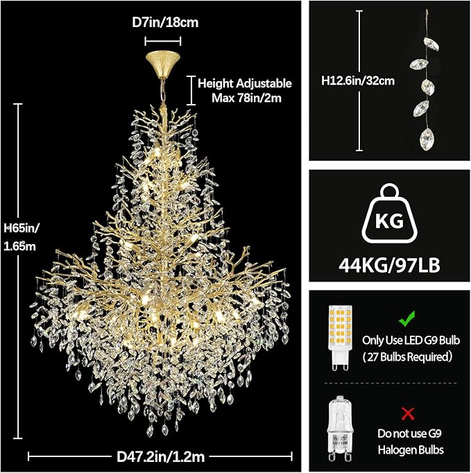 H65'' Gold Tree Branch Crystal High Ceilings Chandeliers, 27-Lights Modern K9 Crystal Staircase Chandeliers, D48'' Foyer Chandelier for High Ceiling, Luxury Large Living Room Chandelier