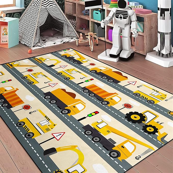 Construction Rug Car Rug Construction Rugs for Boys Room Cartoon Truck Area Rug Construction Play Mat Car Rug for Boys Room Construction Decor for Boys Room 5'×7'