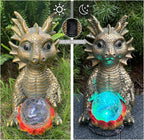 Solar Garden Statue Dragon Figurine with 7-Color Changing Solar Crackle Globe Lights- Loving Dragon for Patio,Balcony,Yard, Lawn-Unique Idea Gifts (Gray)