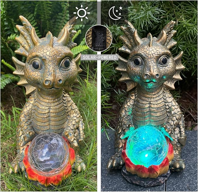 Solar Garden Statue Dragon Figurine with 7-Color Changing Solar Crackle Globe Lights- Loving Dragon for Patio,Balcony,Yard, Lawn-Unique Idea Gifts (Gray)