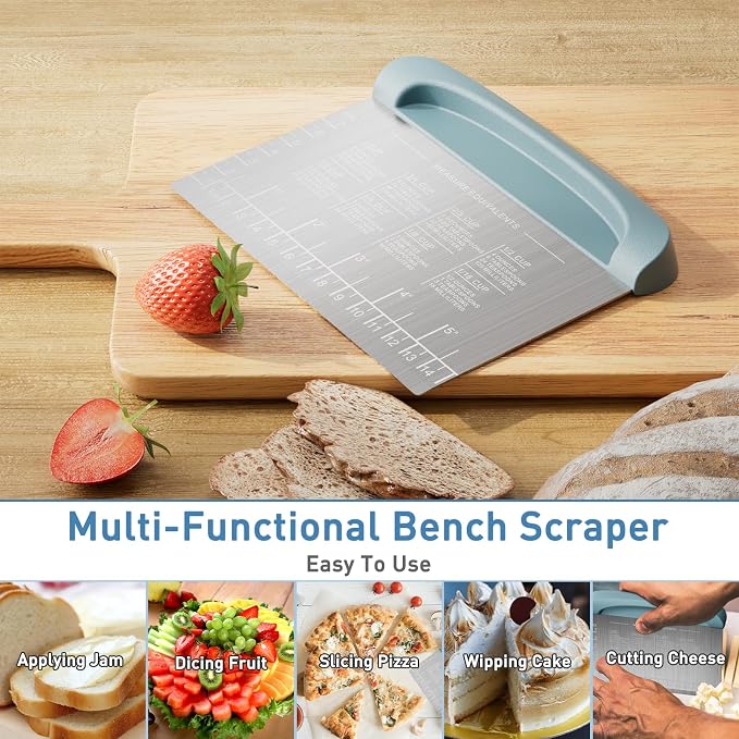 2 IN 1 Upgrade Bench Scraper, Dough Scraper for Pastry Bread Cake Pizza, Stainless Steel Dough Cutter with Conversion Chart & Measuring Scale, Bowl Scraper Food Scraper for Kitchen Baking, Blue