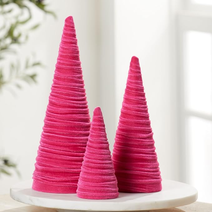 Your Heart's Content Hot Pink Velvet Trees Set of 3, Modern Artisan Mantel Accent, Coquette Room Decor, Romantic Aesthetic, Valentine Tabletop Tree, Cozy Gift for, Teen Girl Room (Hot Pink)