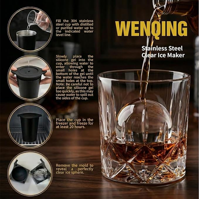 2.5" Clear Ice Ball Maker - Stainless Steel Sphere Ice Mold for Whiskey & Cocktails, Crystal Clear Round Ice Cube Tray with Easy-Release Silicone, Bourbon Gifts for Men, 2 Pack (Black)