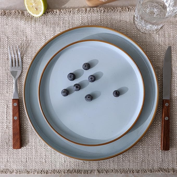 Famiware Nebula Plates and Bowls Sets for 4, 12 Pieces Stoneware Dinnerware Set, Microwave and Dishwasher Safe Dishes Set, Light Blue with Brown Rim