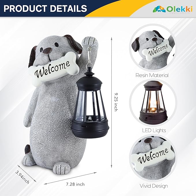 Solar Dog Garden Statue with Lantern Light – 9.2in Outdoor Dog Figurine for Yard Patio Garden Decor, Cute Memorial Gift for Women Mom