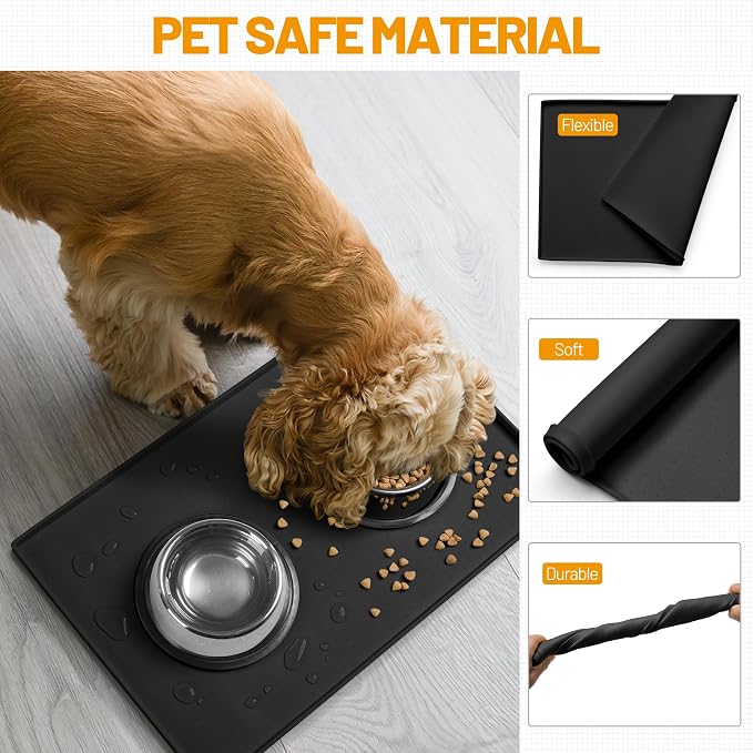 Hubulk Dog Feeding Mat,100% Waterproof Food Grade Silicone Pet Food and Water Bowl Placemat,Dishwasher, High Raised Edge to Prevent Spills,Nonslip Tray to Stop Messes on Floor (24"x16"x0.5", Black)