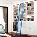 DIYHD 120" Rolling Library Ladder with Handrail, 4FT Sliding Rail, Blue | 10-Step lightweight ladder with space-saving upright storage, Telescopic top hooks, Locking bottom rollers, 300lbs capacity