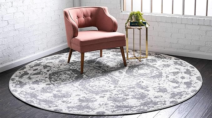 Unique Loom Rosso Collection Vintage, Geometric, Bohemian, Traditional, Distressed, Southwestern Area Rug, Round 3' 3" x 3' 3", Light Gray/Ivory