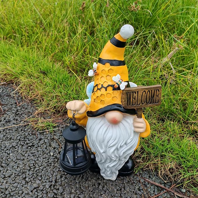 Gnome Garden Statues with Solar Lights Outdoor Gnomes Sculpture Yard Patio Decor for Lawn Ornaments Gardening Gifts（Bee Gnome
