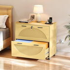 YITAHOME 2 Drawer File Cabinet with Charging Station, Rattan Filing Cabinet with Lock, Wood File Cabinet with Wheels, Home Office Furniture Fits A4, Letter, Legal Size Files