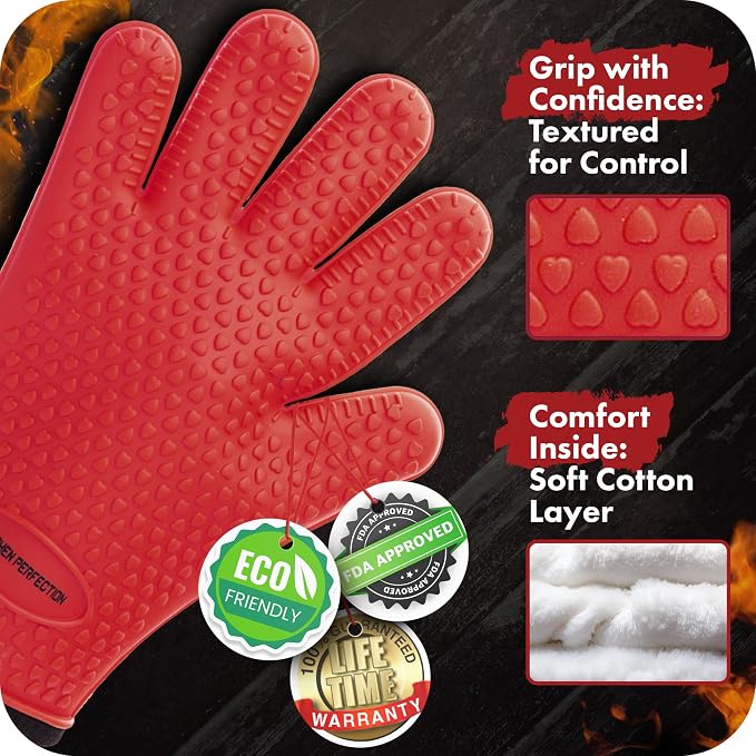Kitchen perfection XL Silicone Smoker BBQ Gloves -Heat Resistant Oven Mitts | Waterproof, 5-Finger Design For A Better Grip, for Pitmasters, Meat Smoking, Grilling, Cooking, Frying Turkey | Grill Gift