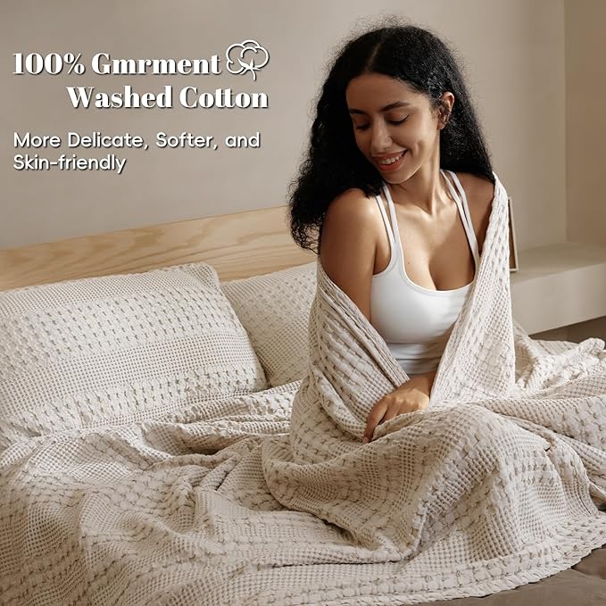 PHF 100% Cotton Waffle Weave Blanket Twin Size, Soft Lightweight Breathable Cozy Summer Blankets for Bed, Luxury Aesthetic Woven Bedding for Home Decor, 66"x90", Oatmeal