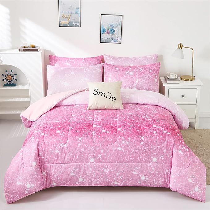 Pink Glitter Comforter Set Full/Queen Size for Girls, Sparkle Galaxy Twinkle Starlight Comforter for Kids Teen,2 Piece Pink Ombre Pastel Bedding Set with 2 Pillow Cases(Pink)